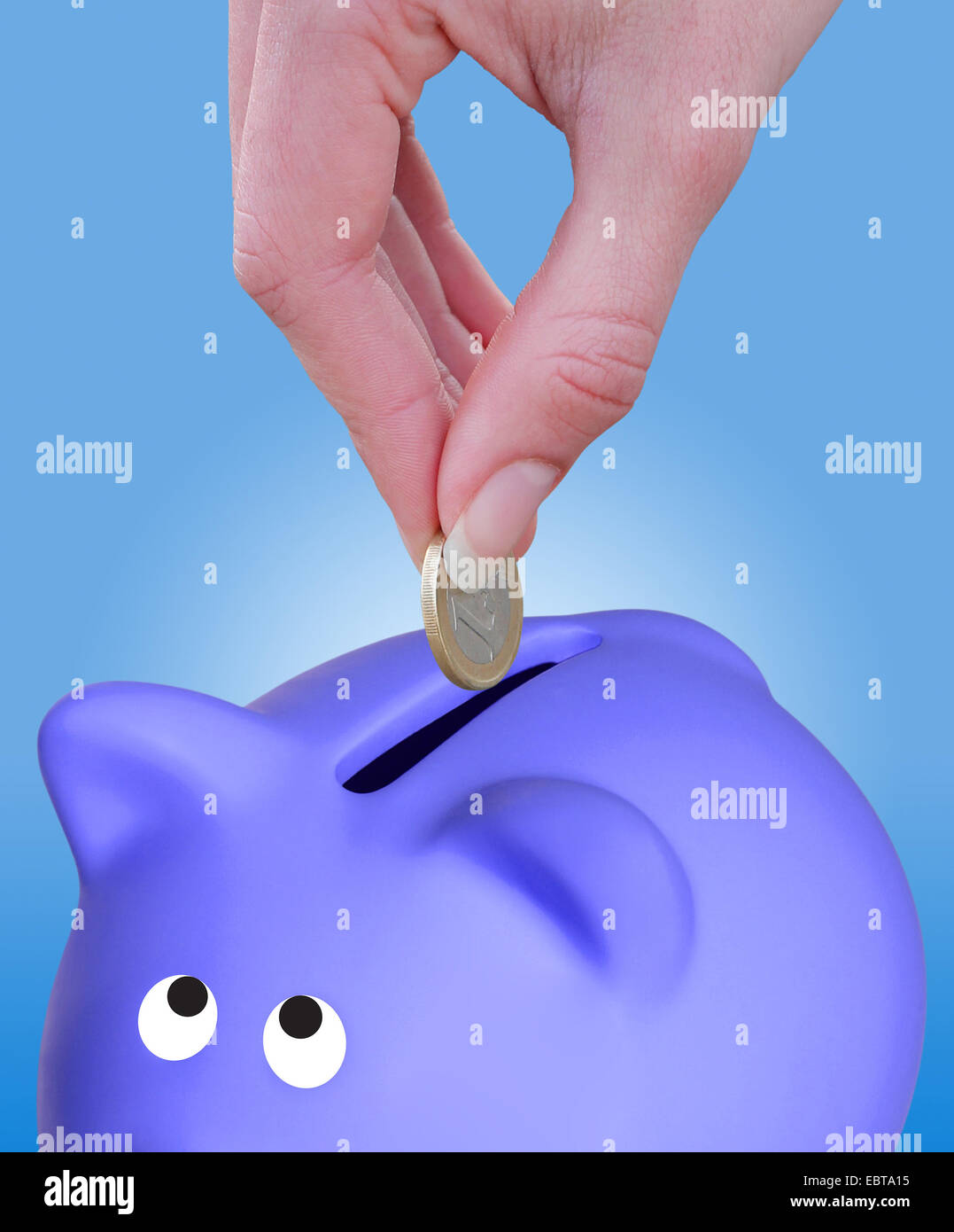 Weibliche Hand setzen einen Münze Euro in ein Sparschwein auf blauem Hintergrund Stockfoto