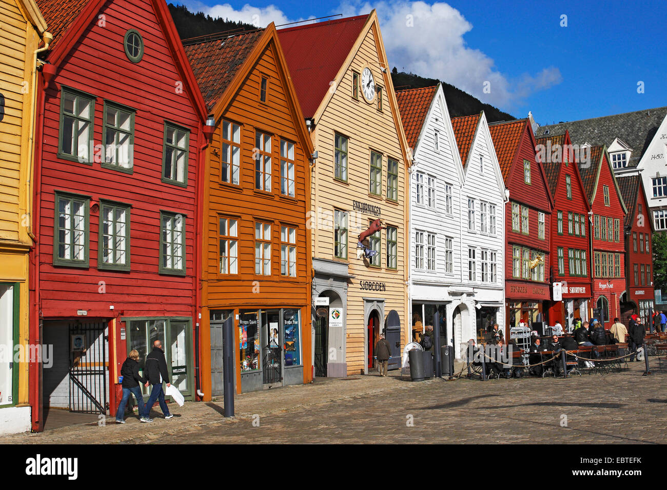 Holzhäuser in der Altstadt, hanseatische Gebäude von Bryggen, Norwegen, Bergen Stockfoto
