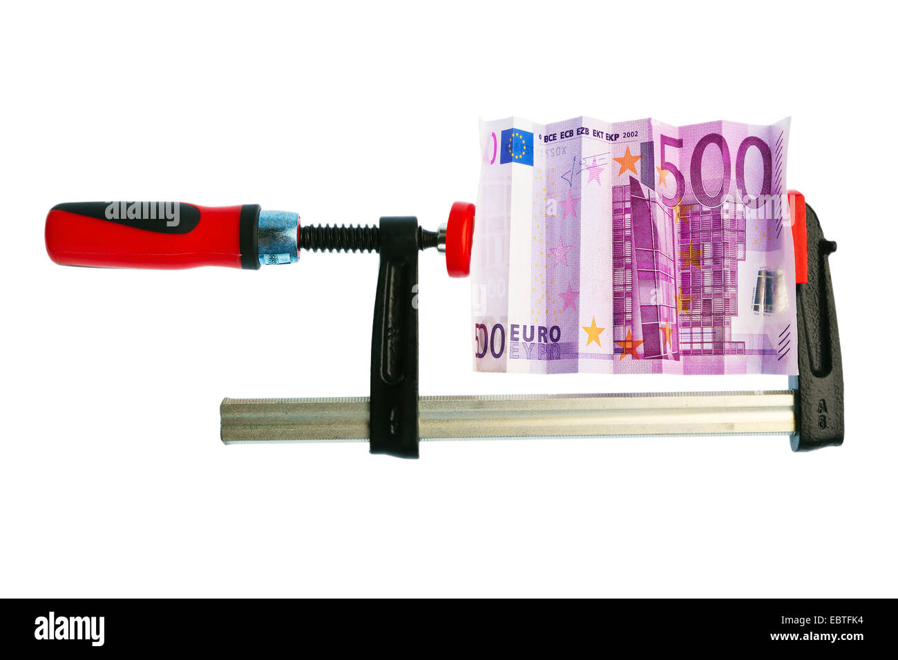 500 Euro-Schein in einer Klemme, Wirtschafts- und Finanzkrise Stockfoto