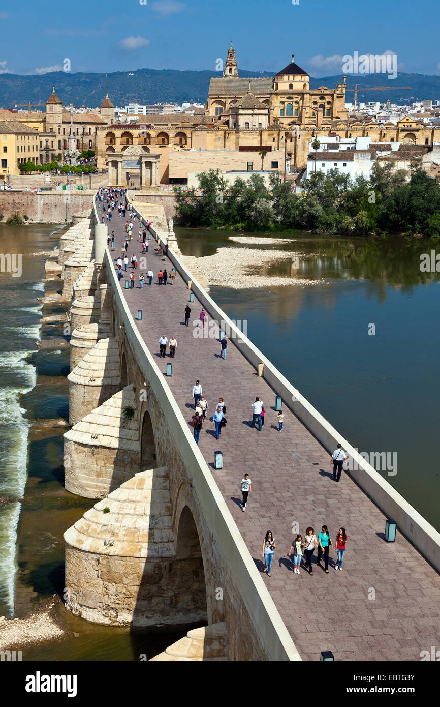 Römische Brücke mit der Kathedrale Moschee von C Rdoba, Spanien, Andalusien, Cordoba Stockfoto