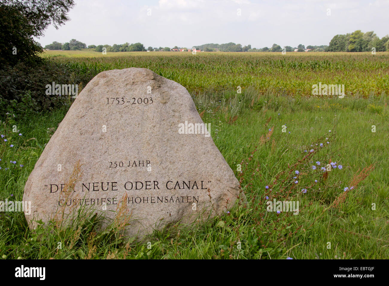 Gedenkstein für Oder Kanal, Deutschland, Brandenburg, Oderbruch, Neulewin Stockfoto