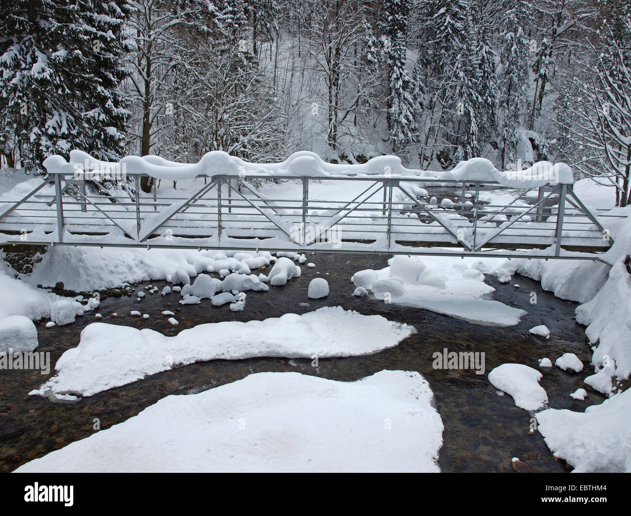 verschneite Brücke in einem Wald, Tschechien, Riesengebirge, Spindlermuehle Stockfoto