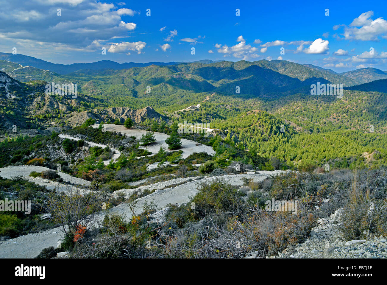 Die ungewöhnliche und eindrucksvolle Panorama-Landschaft des Troodos-Gebirges in Zypern Stockfoto