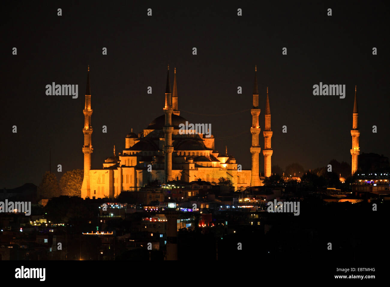 Sultan Ahmed Mosque, blaue Moschee bei Nacht, Türkei, Istanbul Stockfoto