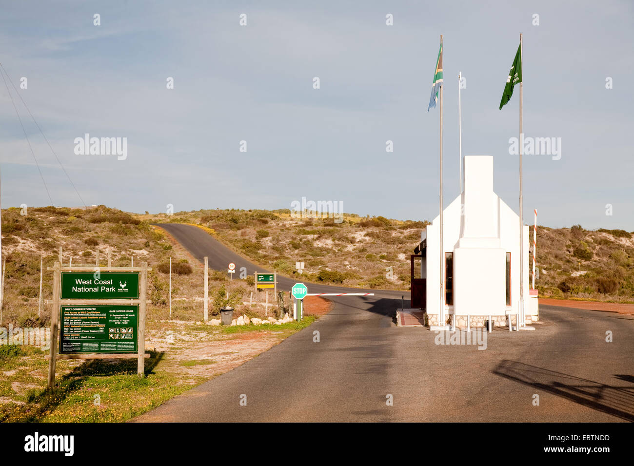 Eingang zum West Coast National Park, Südafrika, Western Cape, West Coast National Park, Langebaan Stockfoto