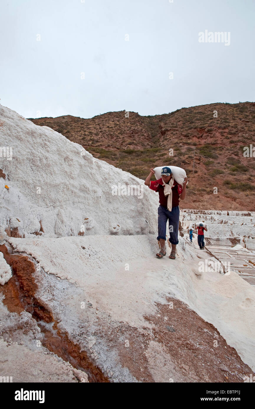 Arbeiter schleppen Salz bei Salt Pfannen Salinas De Maras, Peru, Maras Stockfoto