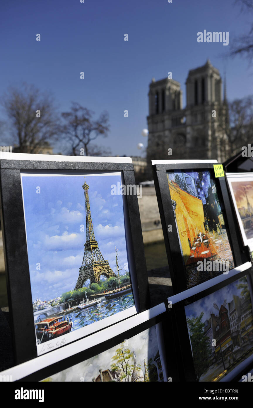 Verkaufsstand für Souvenir Kunst druckt am Ufer der Seine in der Nähe der Kathedrale Notre-Dame de Paris, Paris, Frankreich, Ile De La Cit Stockfoto
