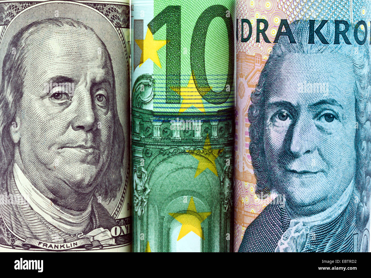 Schwedische Krone, Dollarnote und Euro-Note, Schweden Stockfoto