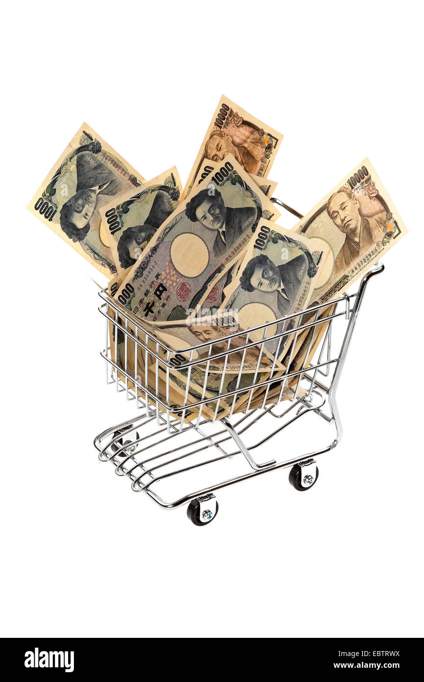 Yen-Banknoten in einen Einkaufswagen, Japan Stockfoto