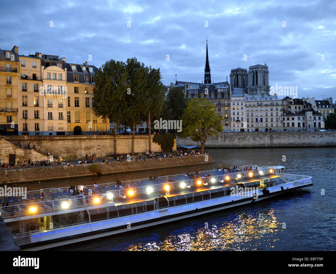 Bateaux Mouche, Ausflugsschiff am Fluss Seine, Notre Dame de Paris Kathedrale im Hintergrund, Frankreich, Paris Stockfoto
