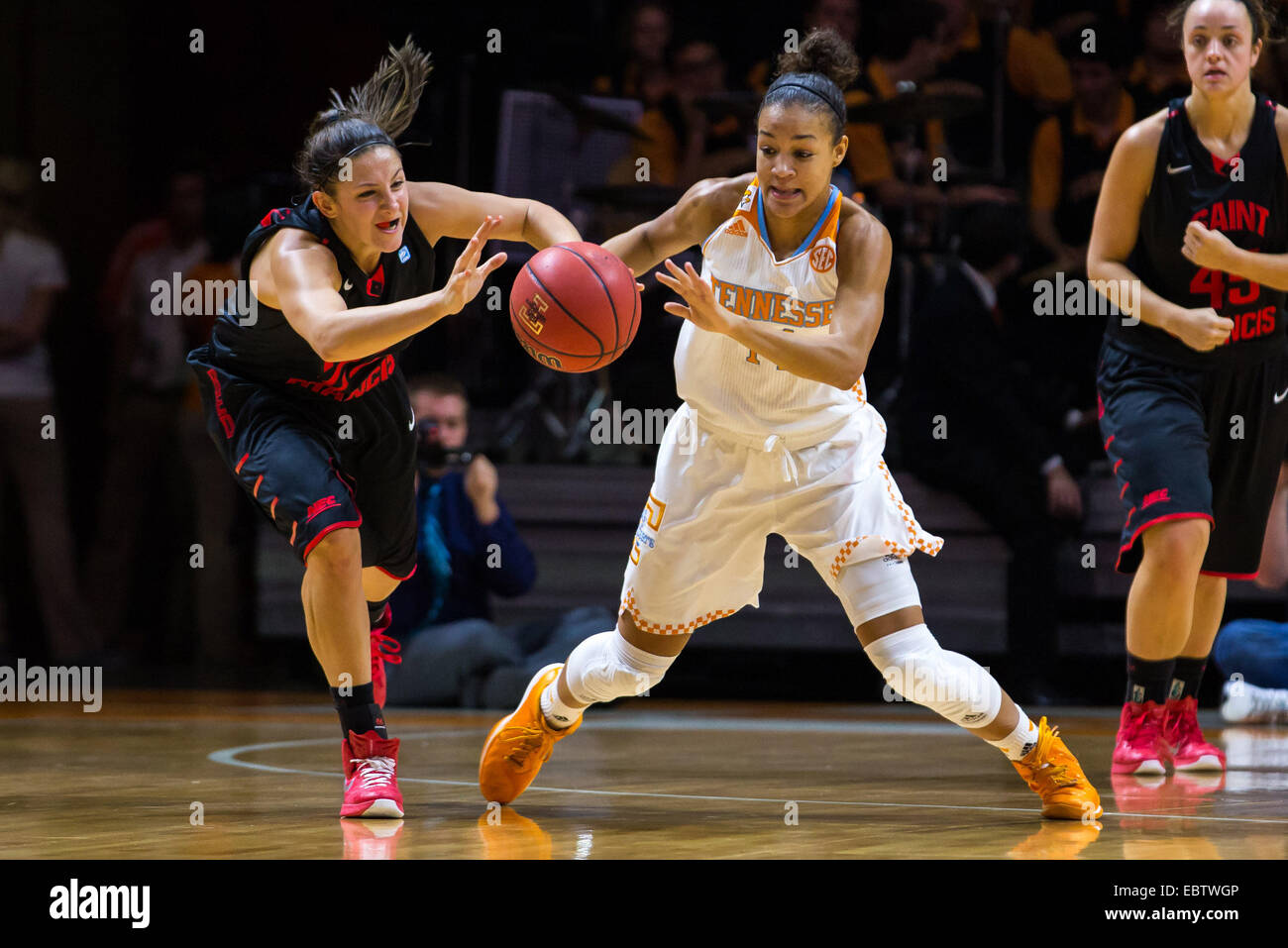 3 Dezember 2014:Andraya Carter #14 von der Tennessee Lady Volunteers und AlexaHayward #22 des Heiligen Franziskus zu erreichen für eine lockere Kugel während der NCAA Basketball-Spiel zwischen der University of Tennessee Lady Freiwilligen und Saint Francis University Red Flash Thompson Boling Arena in Knoxville TN Stockfoto