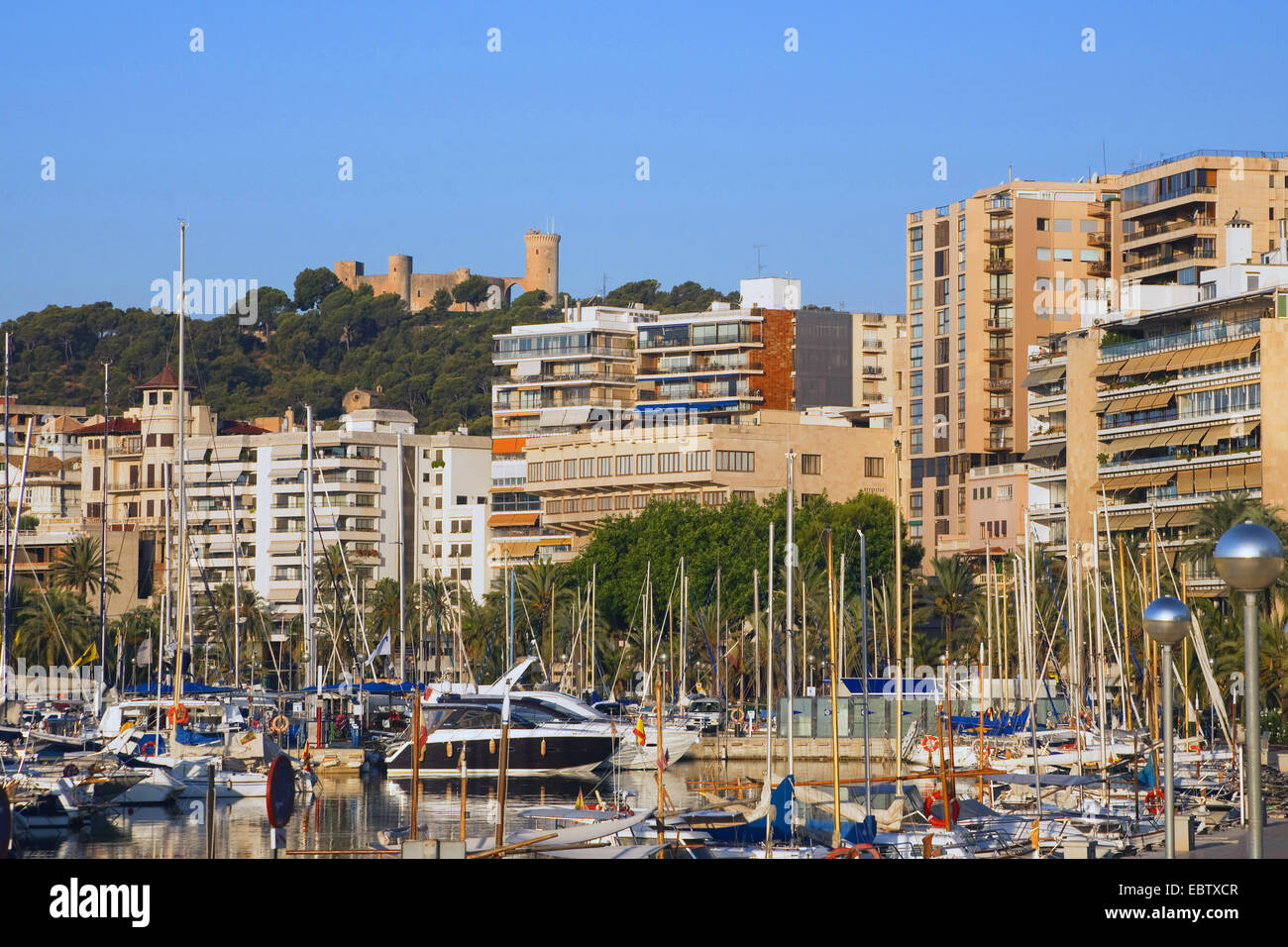 Blick auf Stadt mit Marina und historischen Schloss Bellver, Spanien, Balearen, Mallorca, Palma Stockfoto