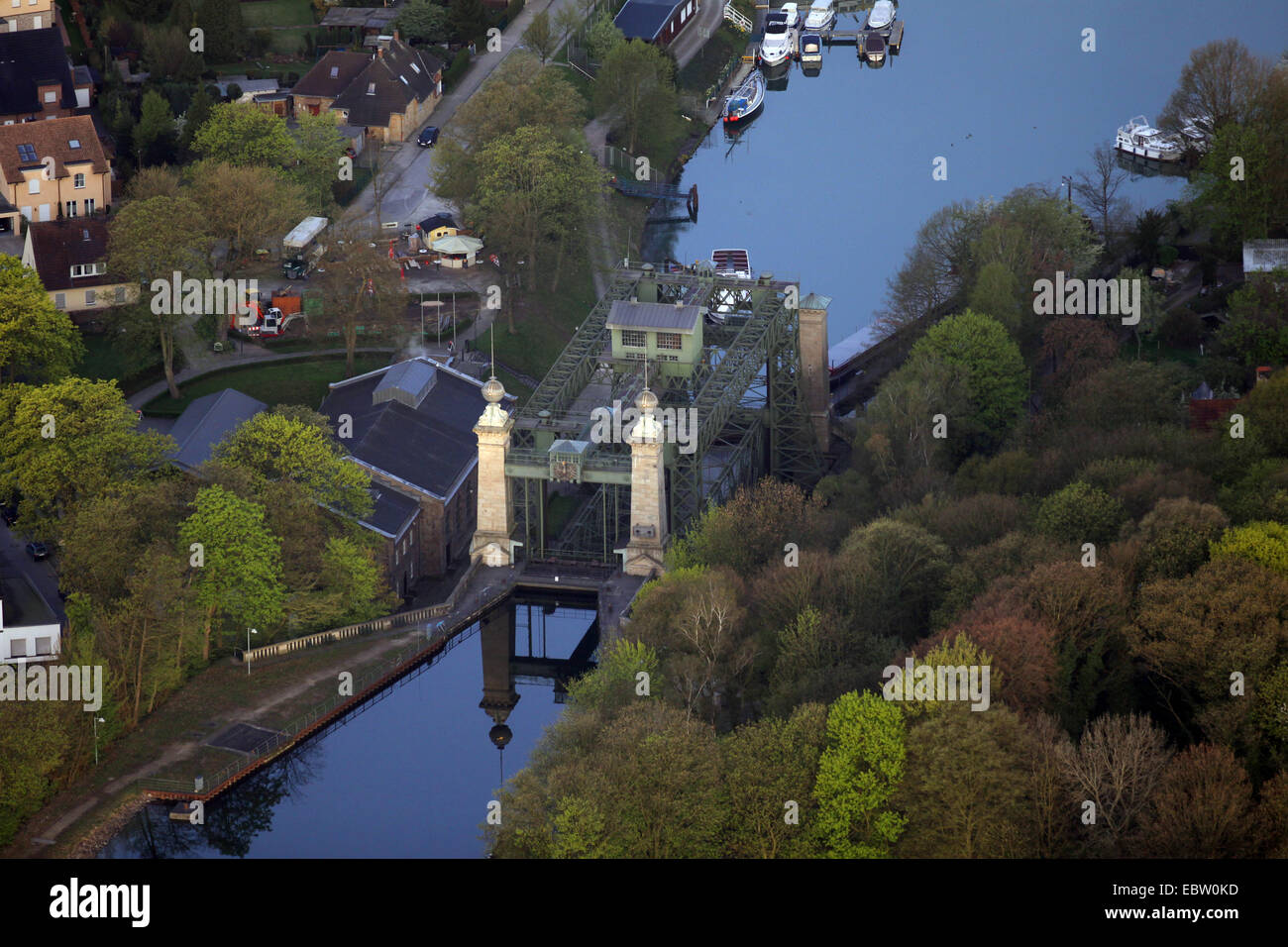 Industrielle Museum Schiff heben Henrichenburg am Dortmund-Ems-Kanal in den Morgen, Waltrop, Ruhrgebiet, Nordrhein-Westfalen, Deutschland Stockfoto