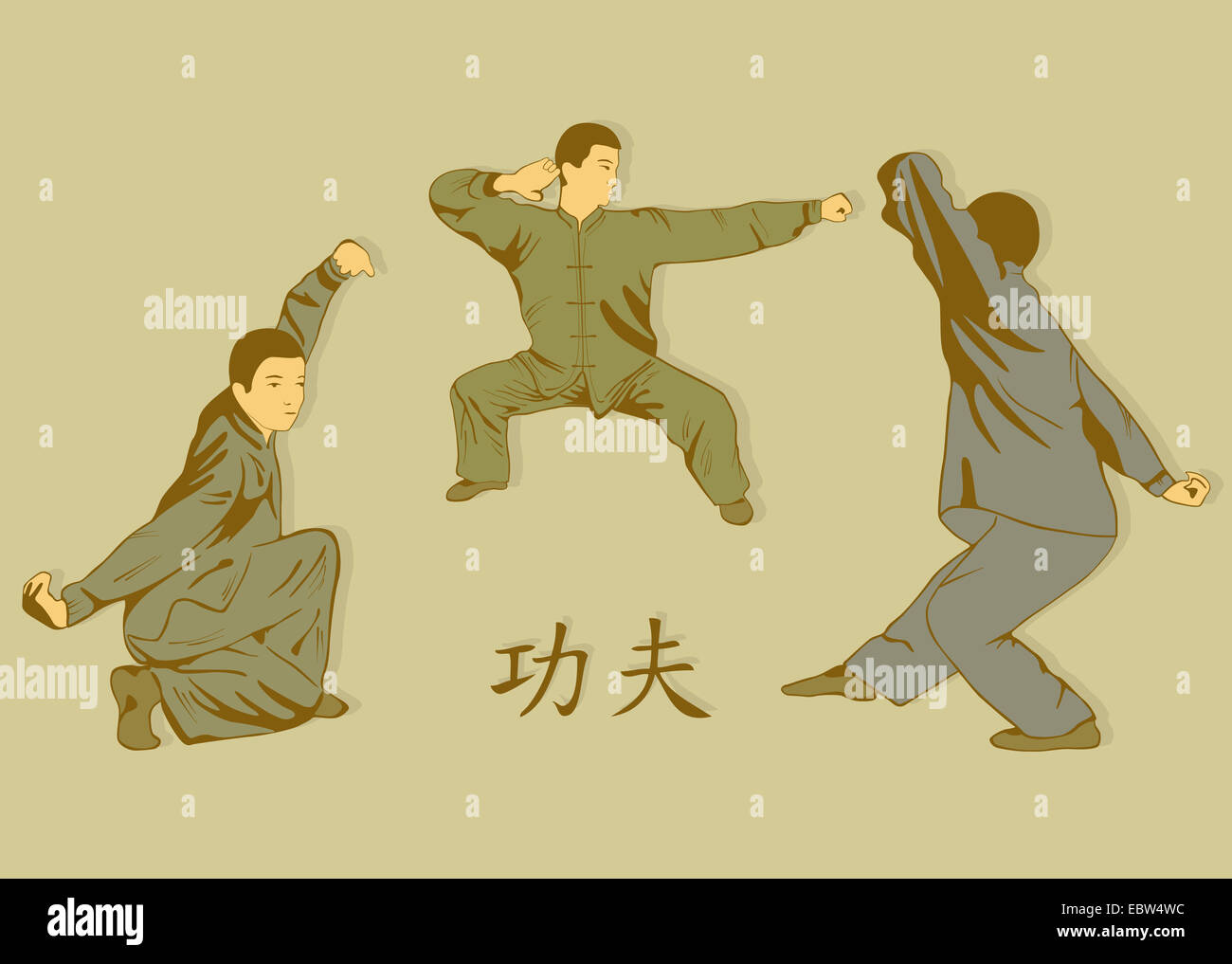 Drei Männer repräsentieren Kung Fu, auf einem grünen Hintergrund. Inschrift auf einer Illustration eine Hieroglyphe - Kung Fu. Stockfoto