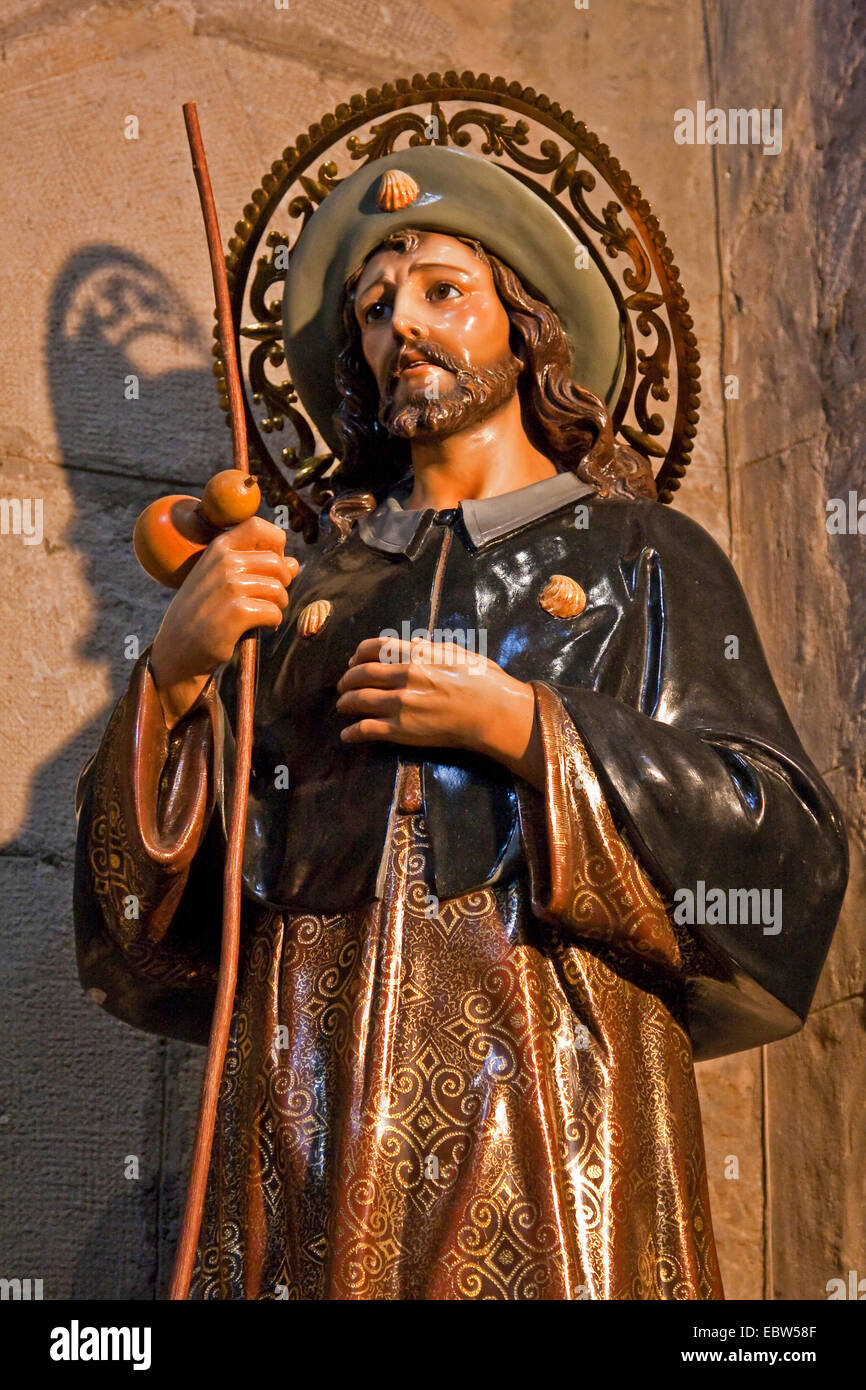 Statue des Hl. Jakobus als frommer Pilger mit Stock und Calabash, Spanien, Baskenland, La Rioja, Logroño±o gezeigt Stockfoto