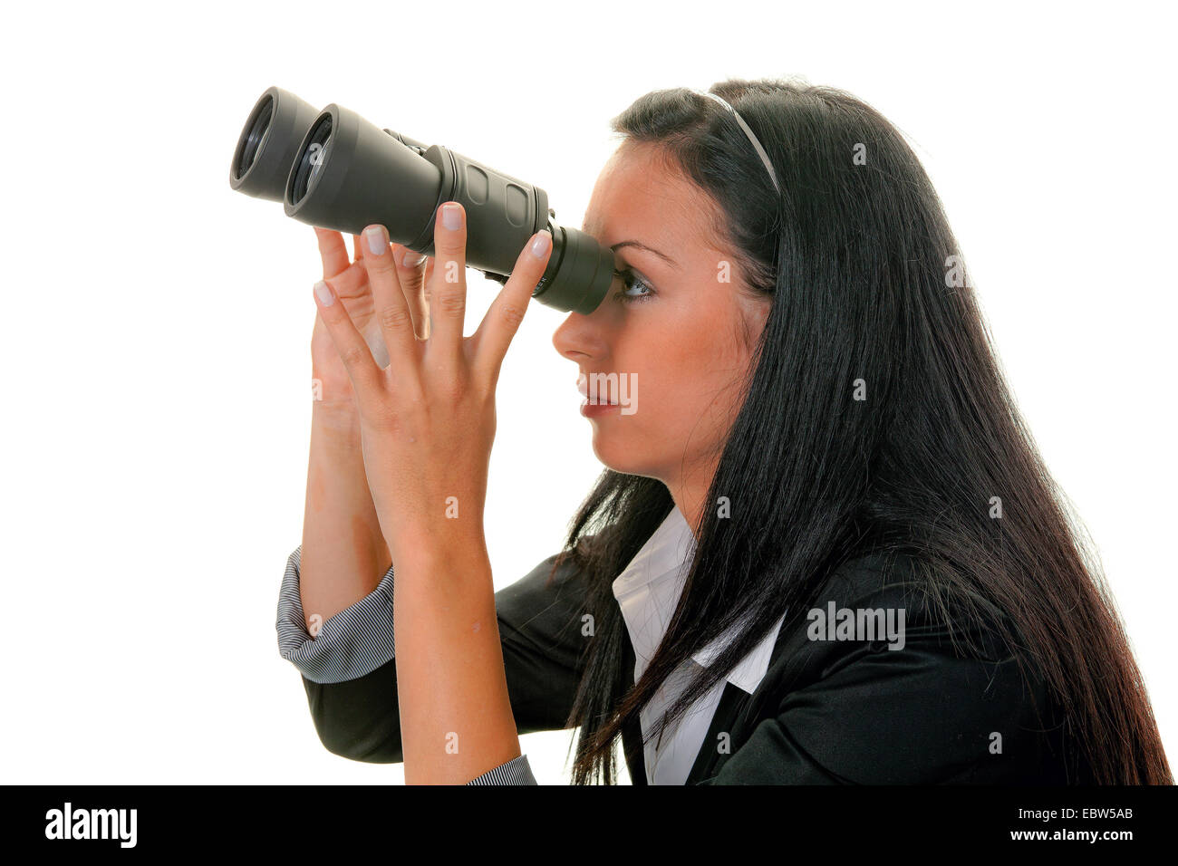 junge Frau mit dem Fernglas auf der Suche nach der Zukunft Stockfoto