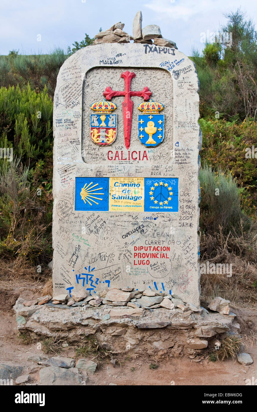 Grenzstein an der Grenze von Kastilien, Galizien, Spanien, Galicien, Lugo Stockfoto