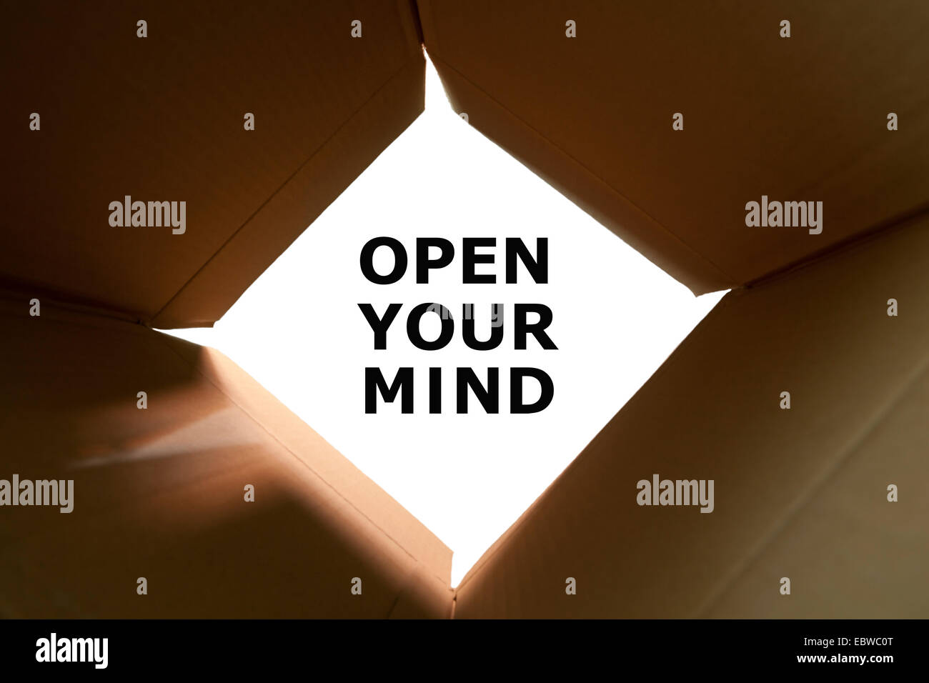 Offenen Karton mit Open Your Mind Text auf weißem Hintergrund. Stockfoto