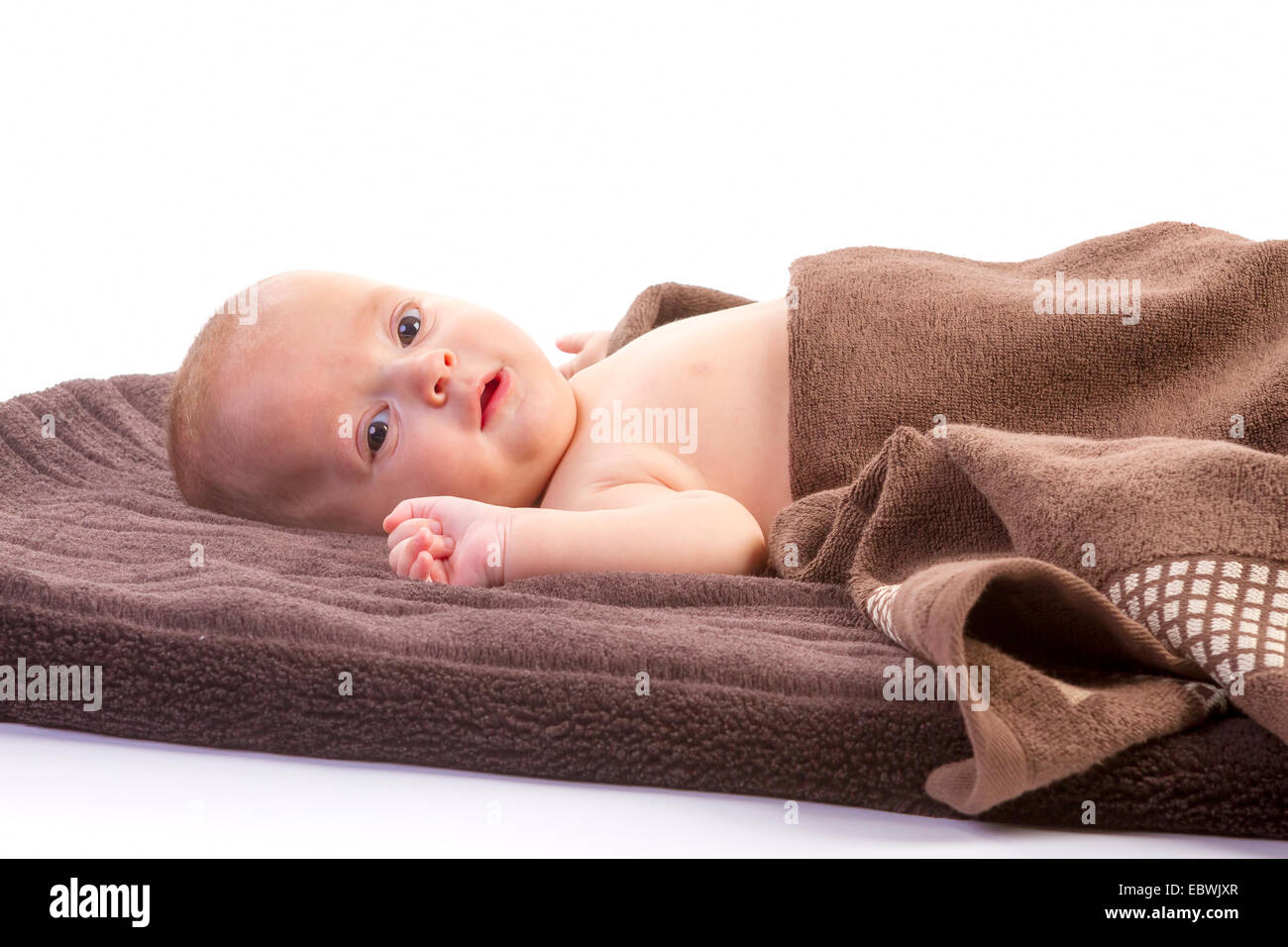 Baby Boy über braune Decke auf weißem Hintergrund Stockfoto