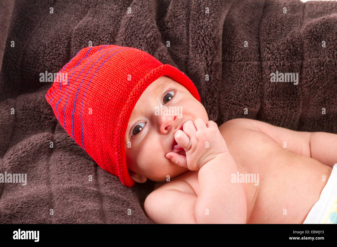 Baby Boy über braune Decke auf weißem Hintergrund Stockfoto