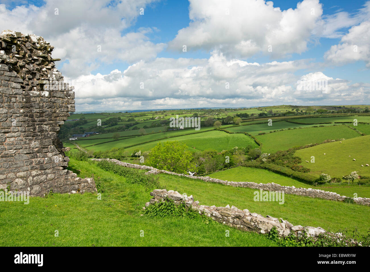 Spektakuläre Aussicht vom Carrig Cennen Castle, der walisischen Ackerland auf grünen Hügeln & Tal mit alten Steinmauern im Vordergrund Stockfoto