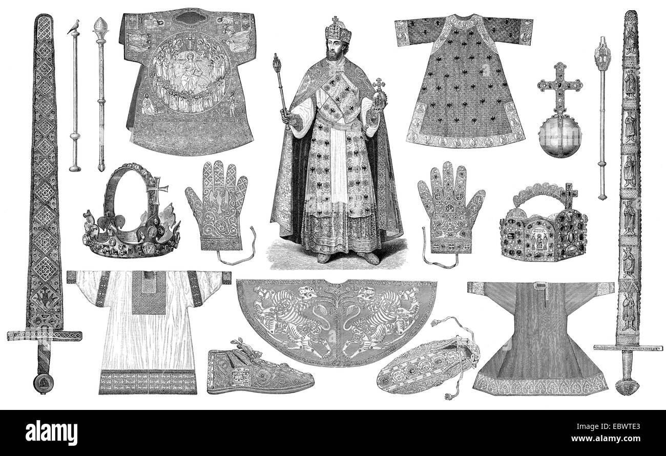 die kaiserlichen Insignien des Heiligen Römischen Reiches, Abbildung des Kaiserlichen Ornats Und Anderer Kleinodien Stockfoto