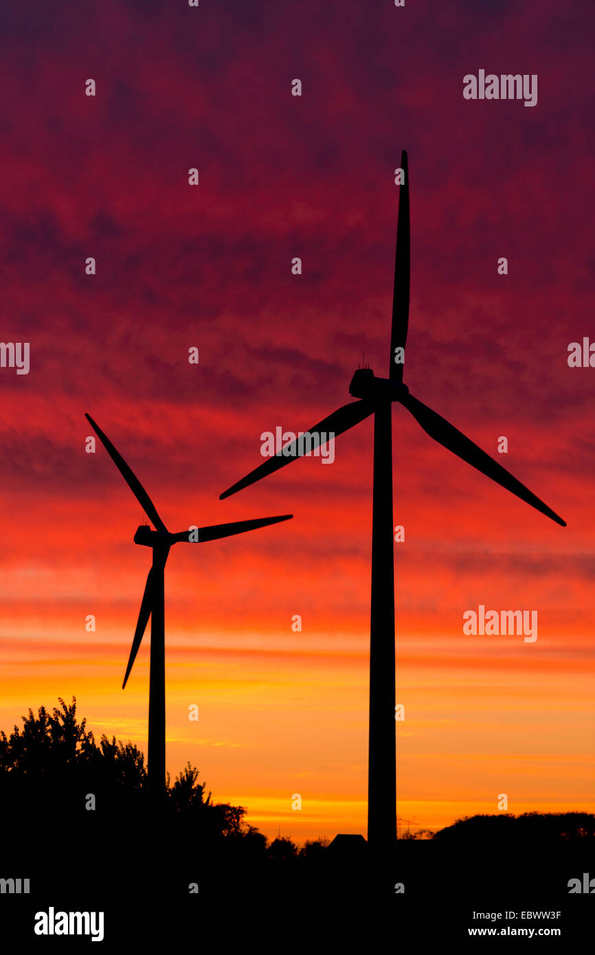 Windenergieanlagen bei Sonnenuntergang, Aalborg, Jütland, Dänemark Stockfoto