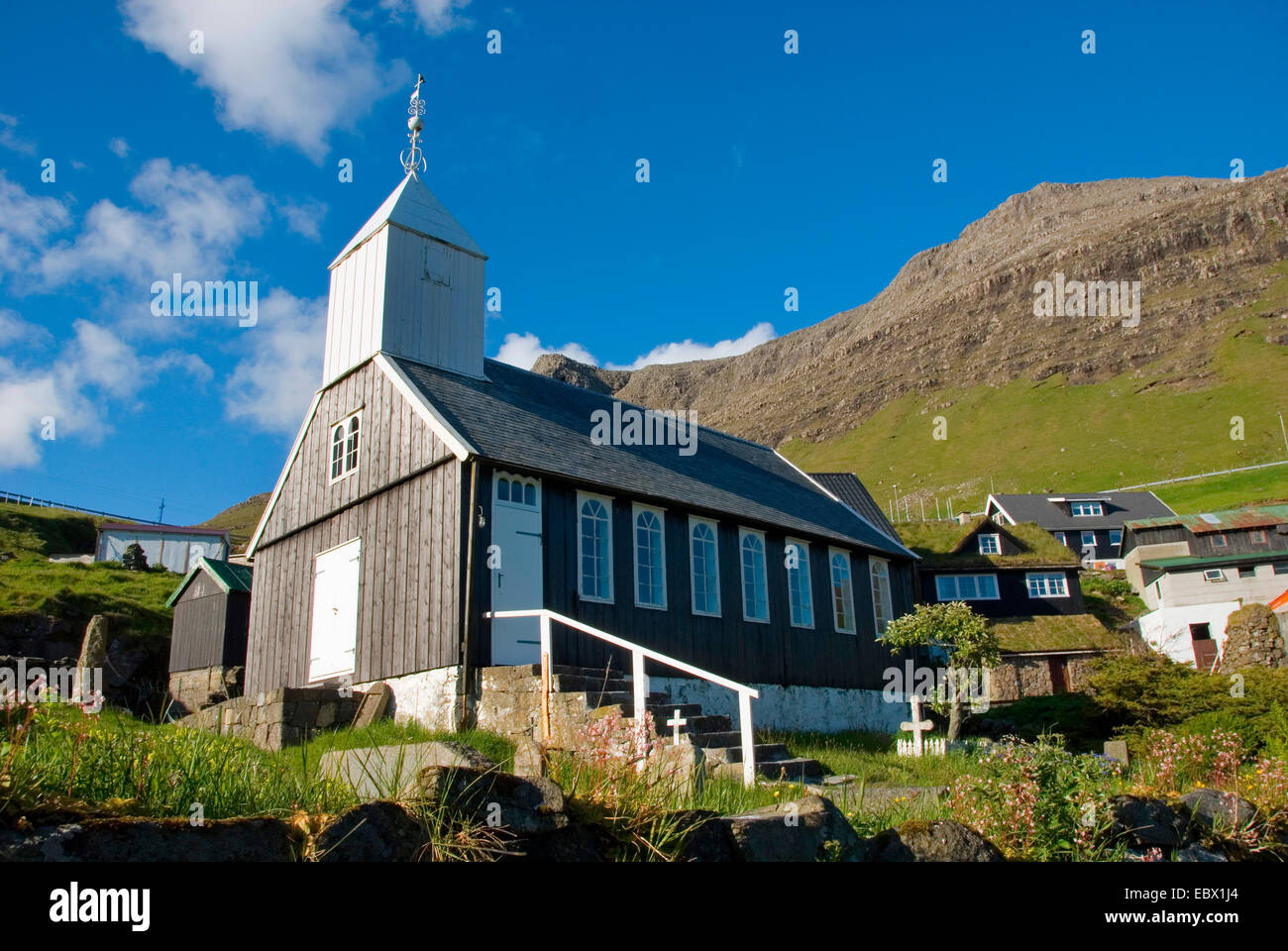 Holzkirche in Bour, erbaut 1865, Dänemark, Färöer Inseln, Vagar Stockfoto