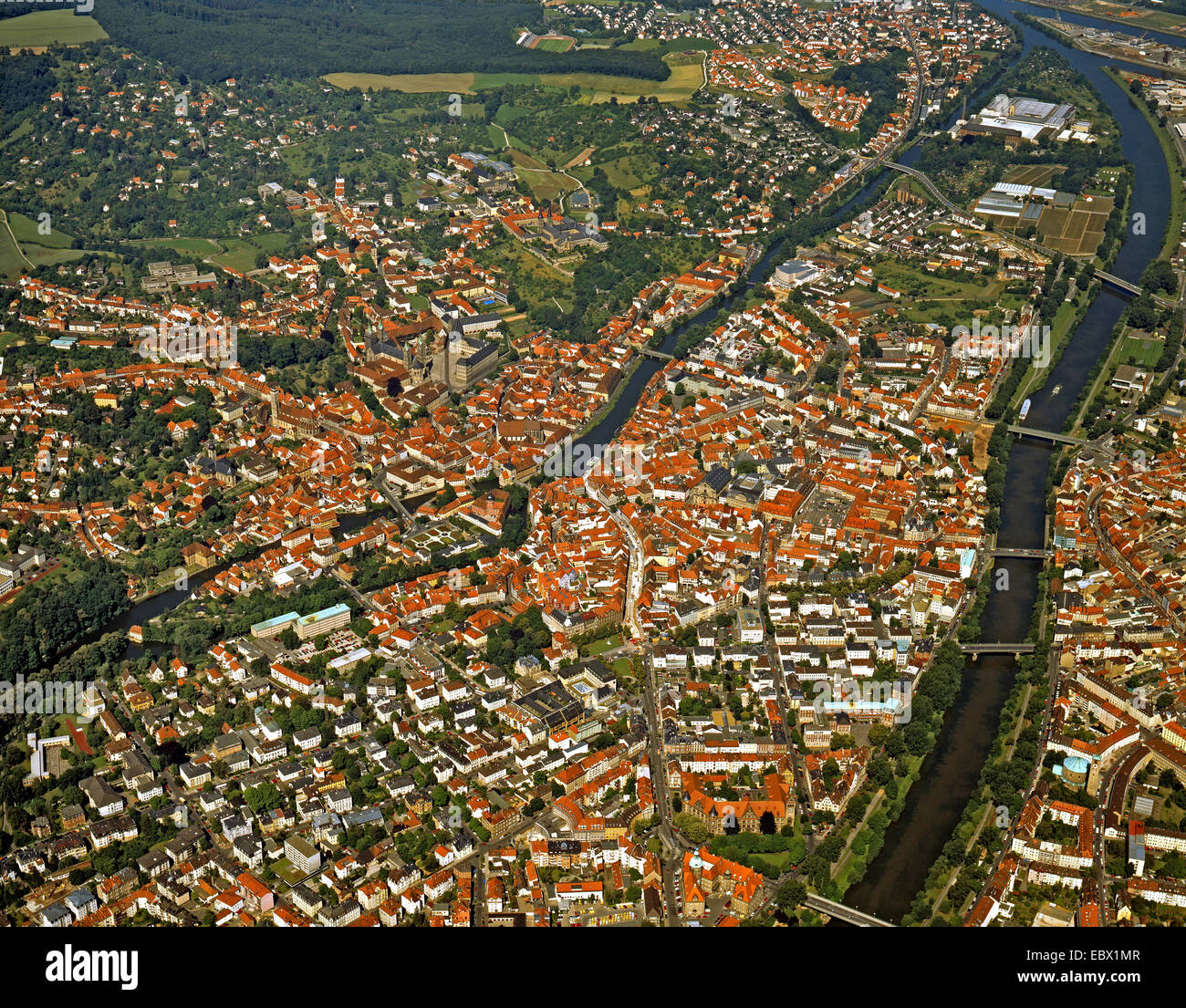 Blick zur Stadt mit Bamberger Dom, Deutschland, Bayern, Regnitz, Bamberg Stockfoto
