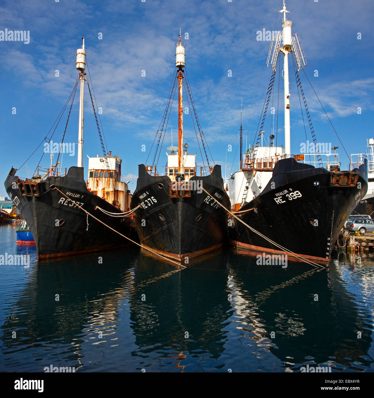 Vorderansicht der drei Schiffe ankern nebeneinander am Hafen, Island, Suedwest Island, Reykjavik Stockfoto