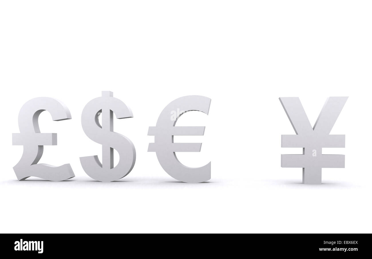 4 Weltwährungen, britische Pfund, US-Dollar und Euro gegen yen Stockfoto