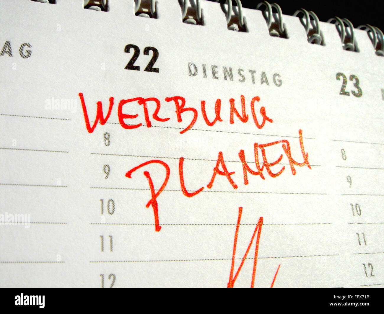 Plan-Werbung - Kalender-Eintrag Stockfoto