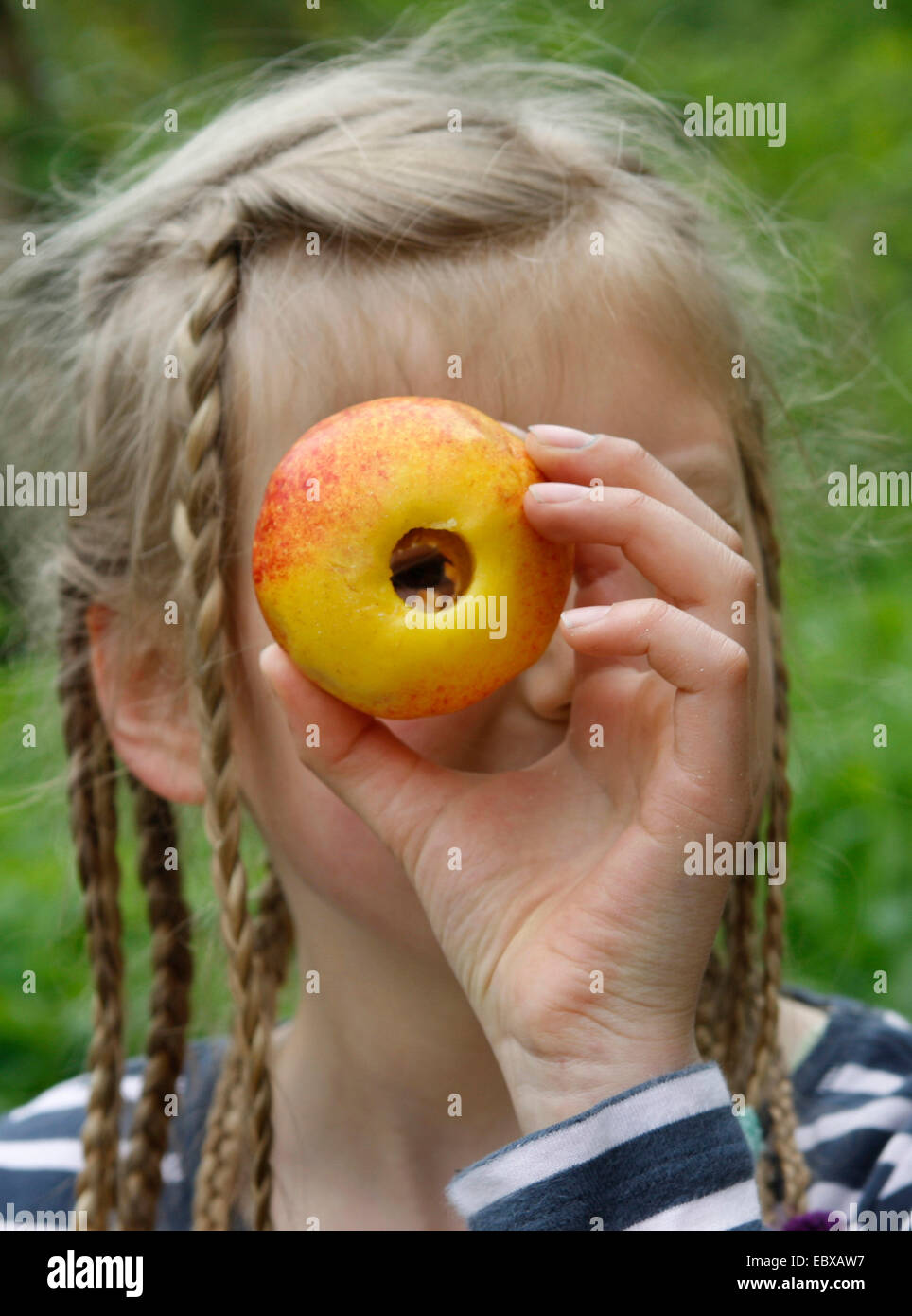Mädchen sucht durch einen Apfel aus dem Kern ausgelagert wurde, Deutschland Stockfoto