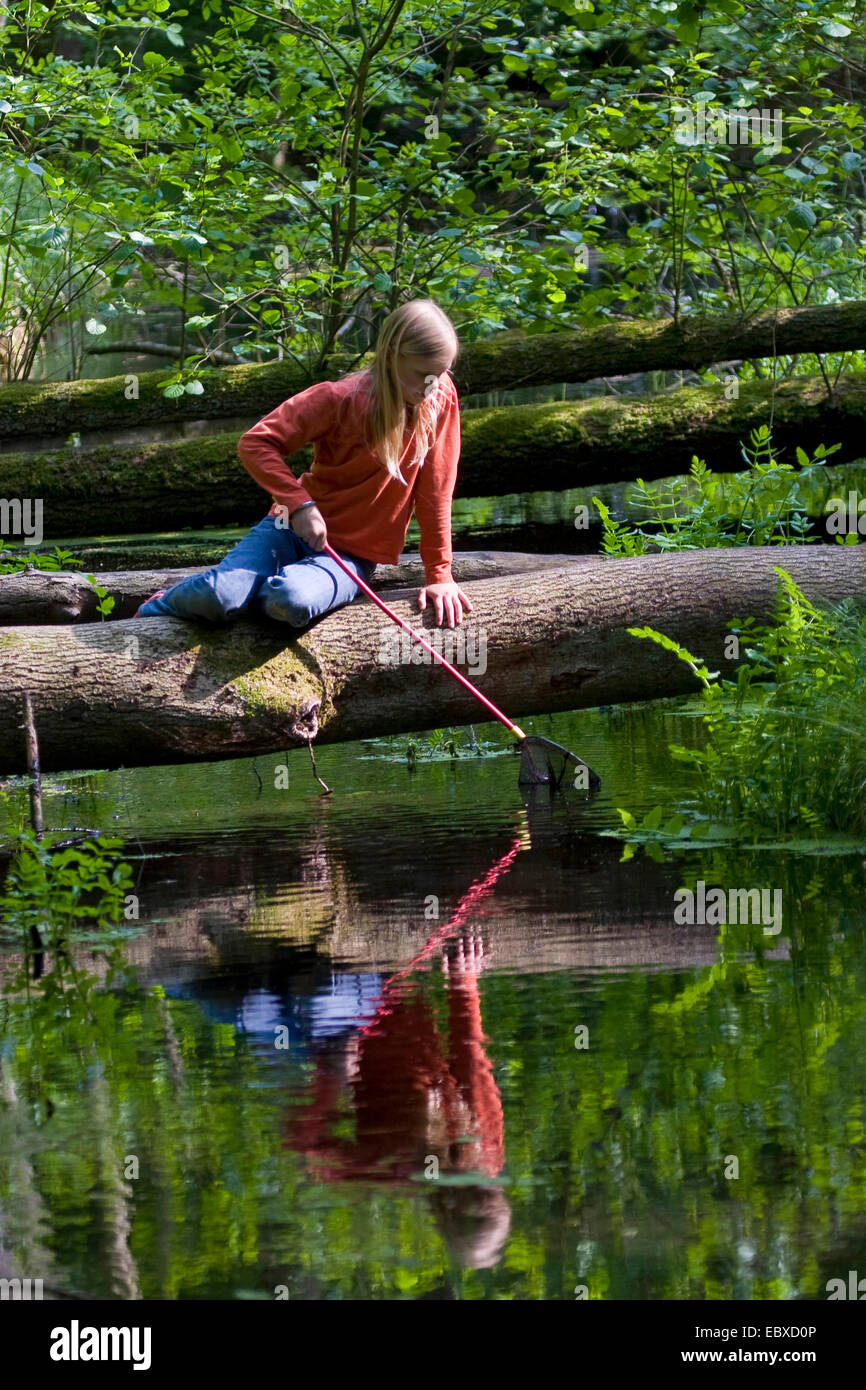 Mädchen mit Dip net an einem Wald Bach, sitzen auf einem Baumstamm über das Wasser Stockfoto