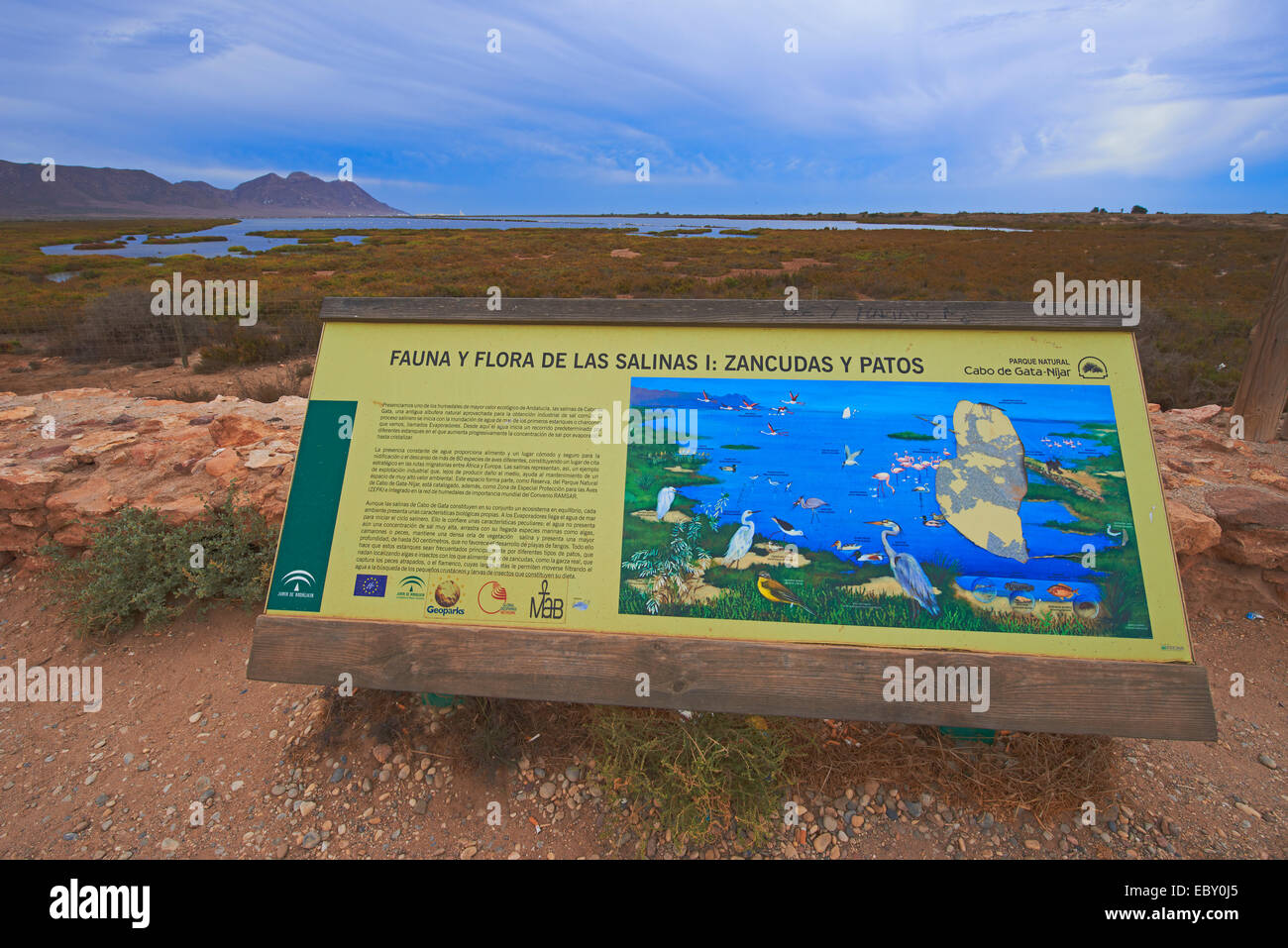 Info zu signieren, Almadraba de Monteleva, Saline, Cabo de Gata-Nijar Natural Park, Biosphärenreservat, Provinz Almeria, Andalusien Stockfoto