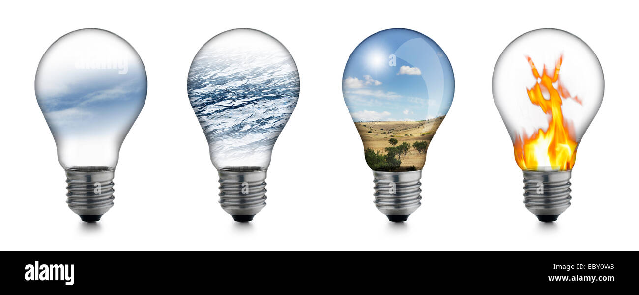 Glühbirnen mit Luft, Wasser, land und Feuer im Inneren Stockfoto