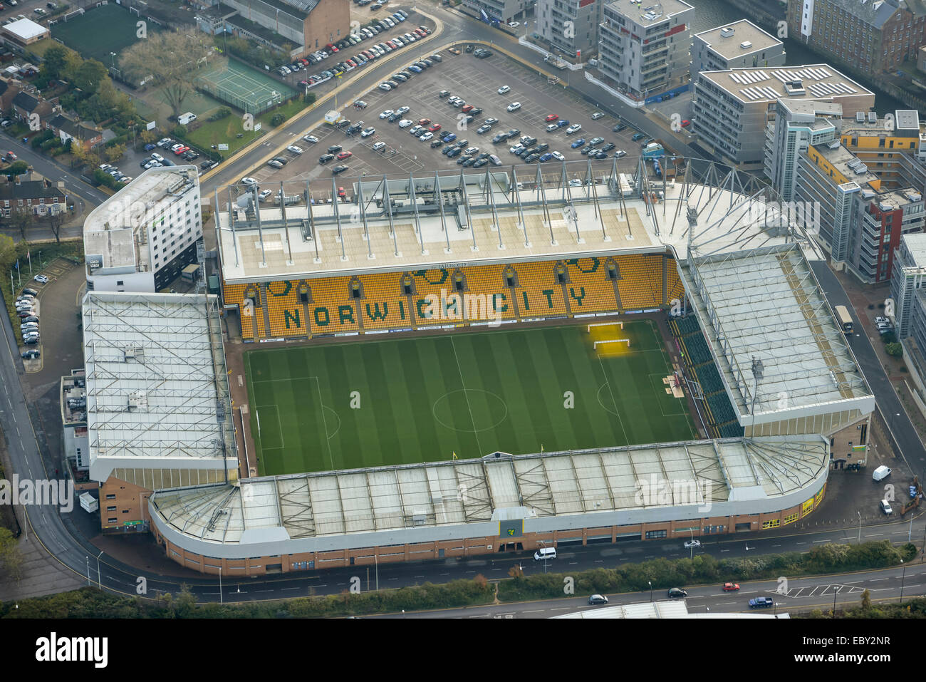 Eine Luftaufnahme der Carrow Road Stadion, Heimat des Norwich City Football Club. Stockfoto