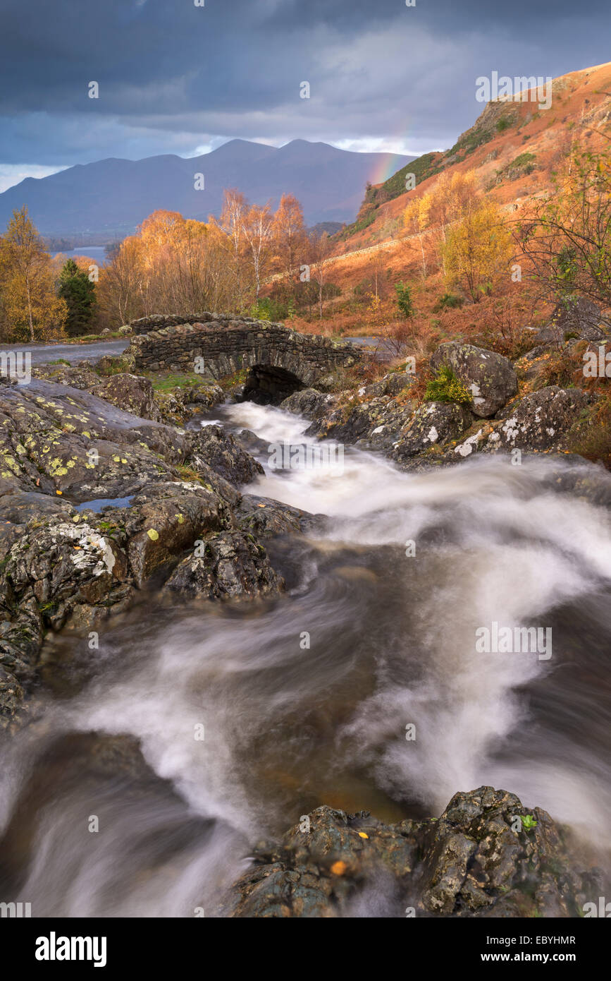 Tumbling Bergbach bei Ashness Brücke im Lake District, Cumbria, England. Herbst (November) 2014. Stockfoto