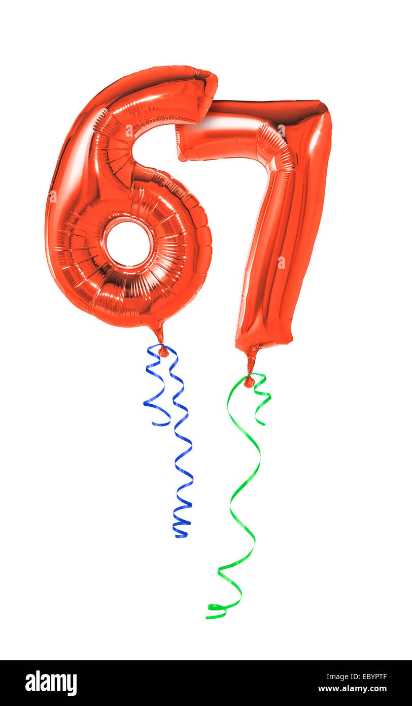 Rote Luftballons mit Band - Nummer 67 Stockfoto