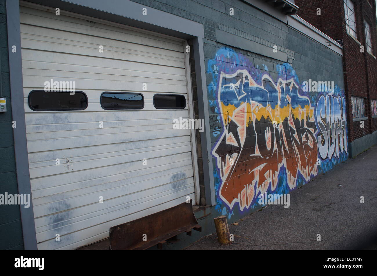 Graffiti auf Garage, Sprühfarbe, Kunst, Wandbild, Stockfoto