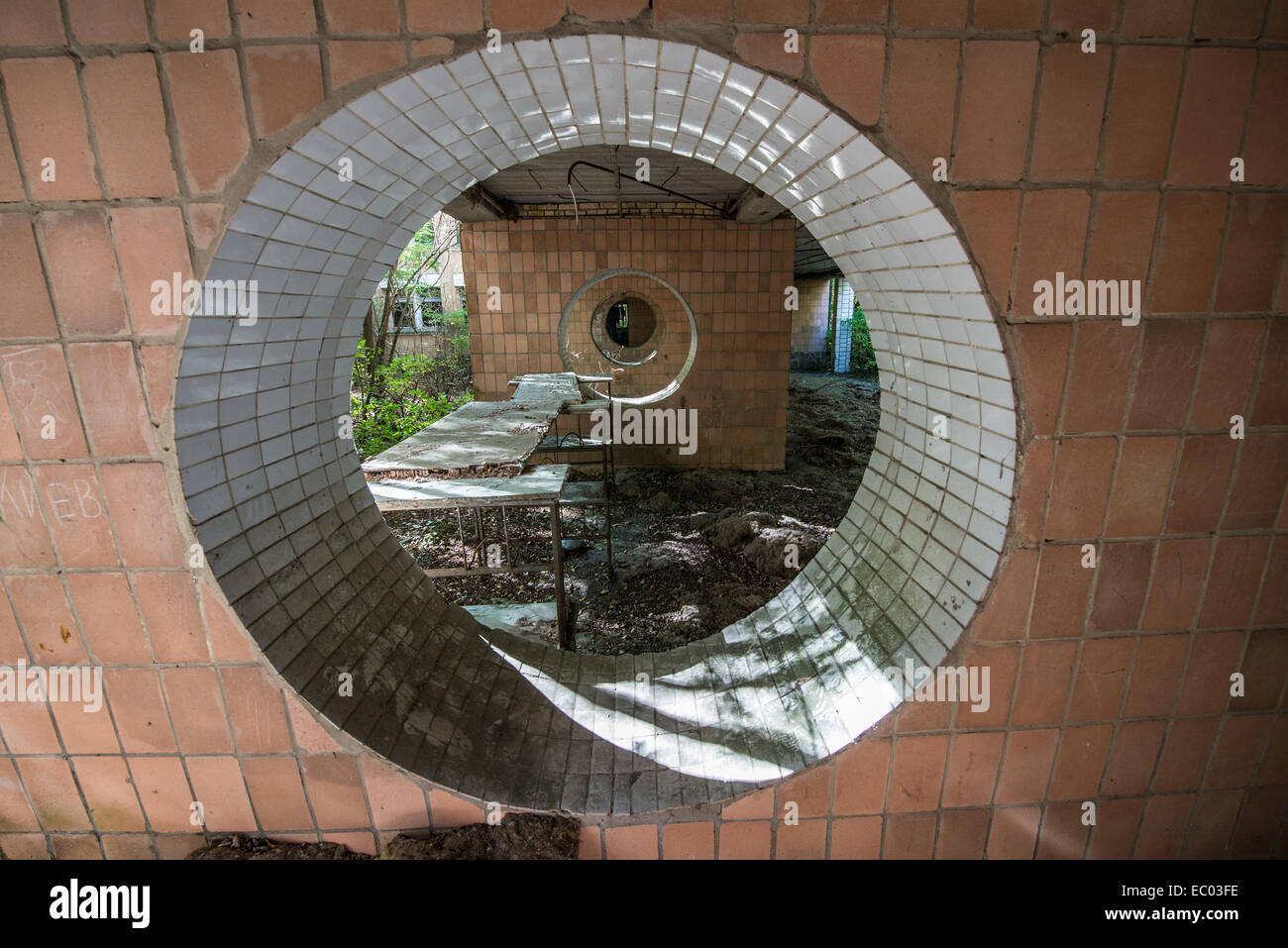 Mittelschule Nummer 3 in Pripyat verlassene Stadt, Sperrzone von Tschernobyl, Ukraine Stockfoto