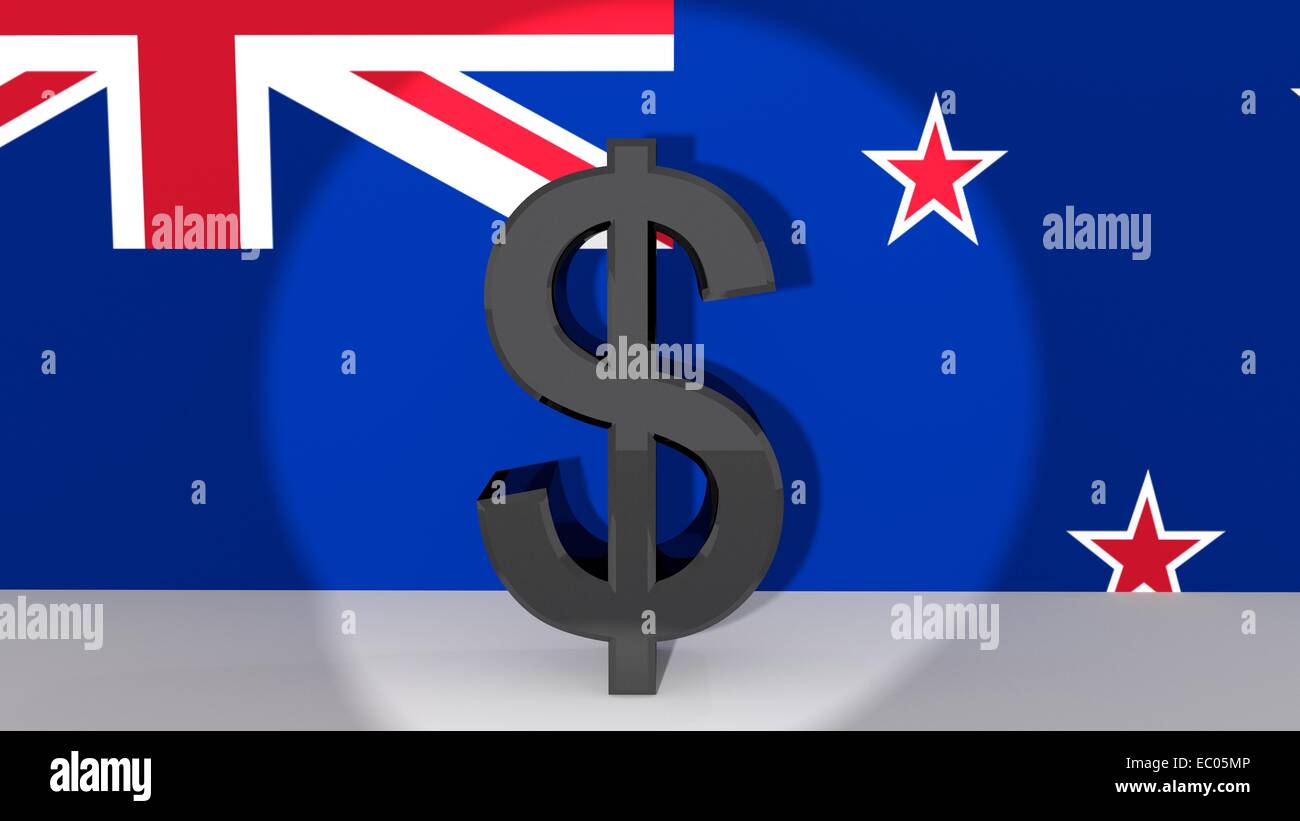 Währungssymbol New Zealand Dollar machte der dunklen Metall im Rampenlicht vor Flagge Stockfoto
