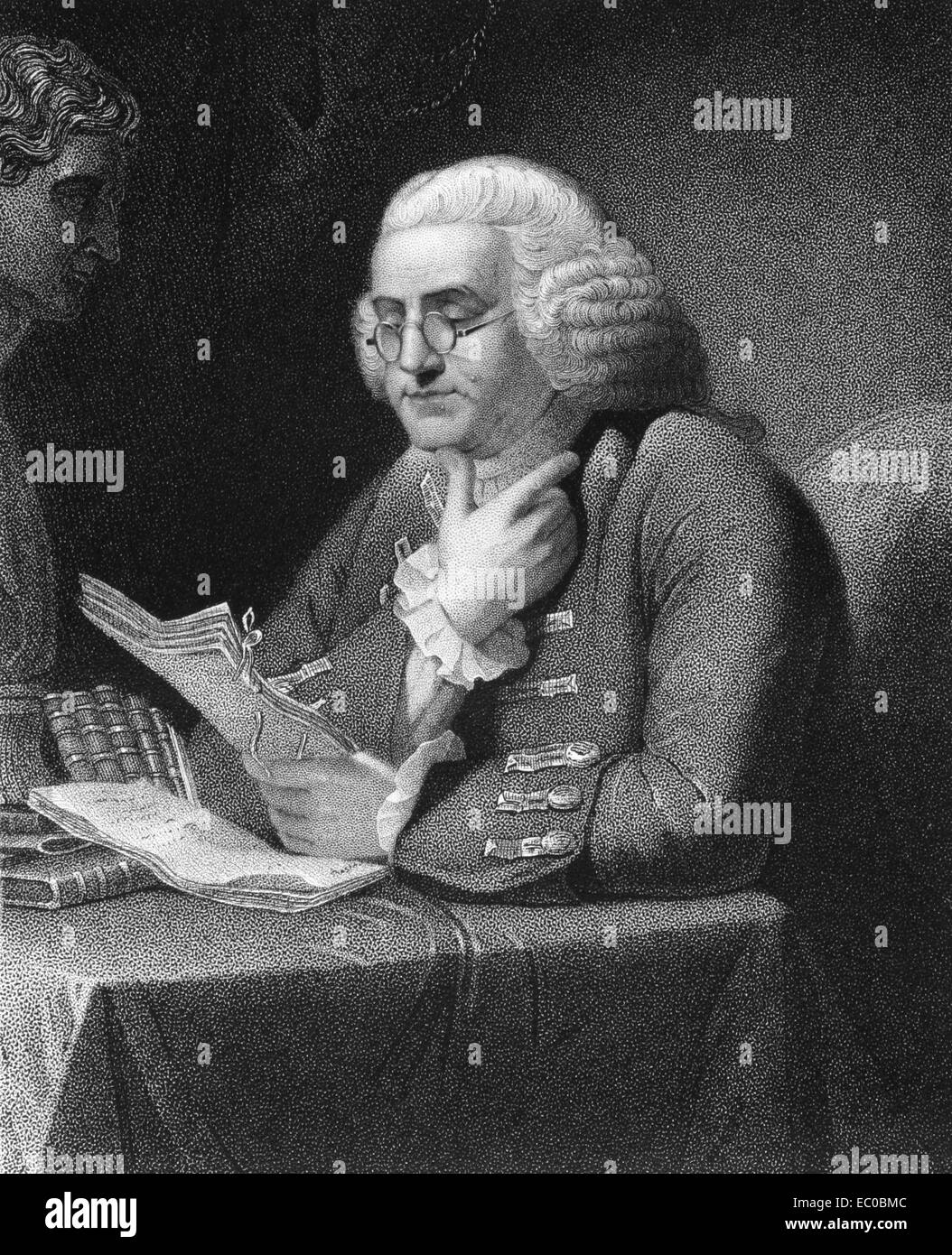 Benjamin Franklin (1706-1790) auf Kupferstich aus dem Jahr 1835. Einer der Gründerväter der Vereinigten Staaten. Stockfoto