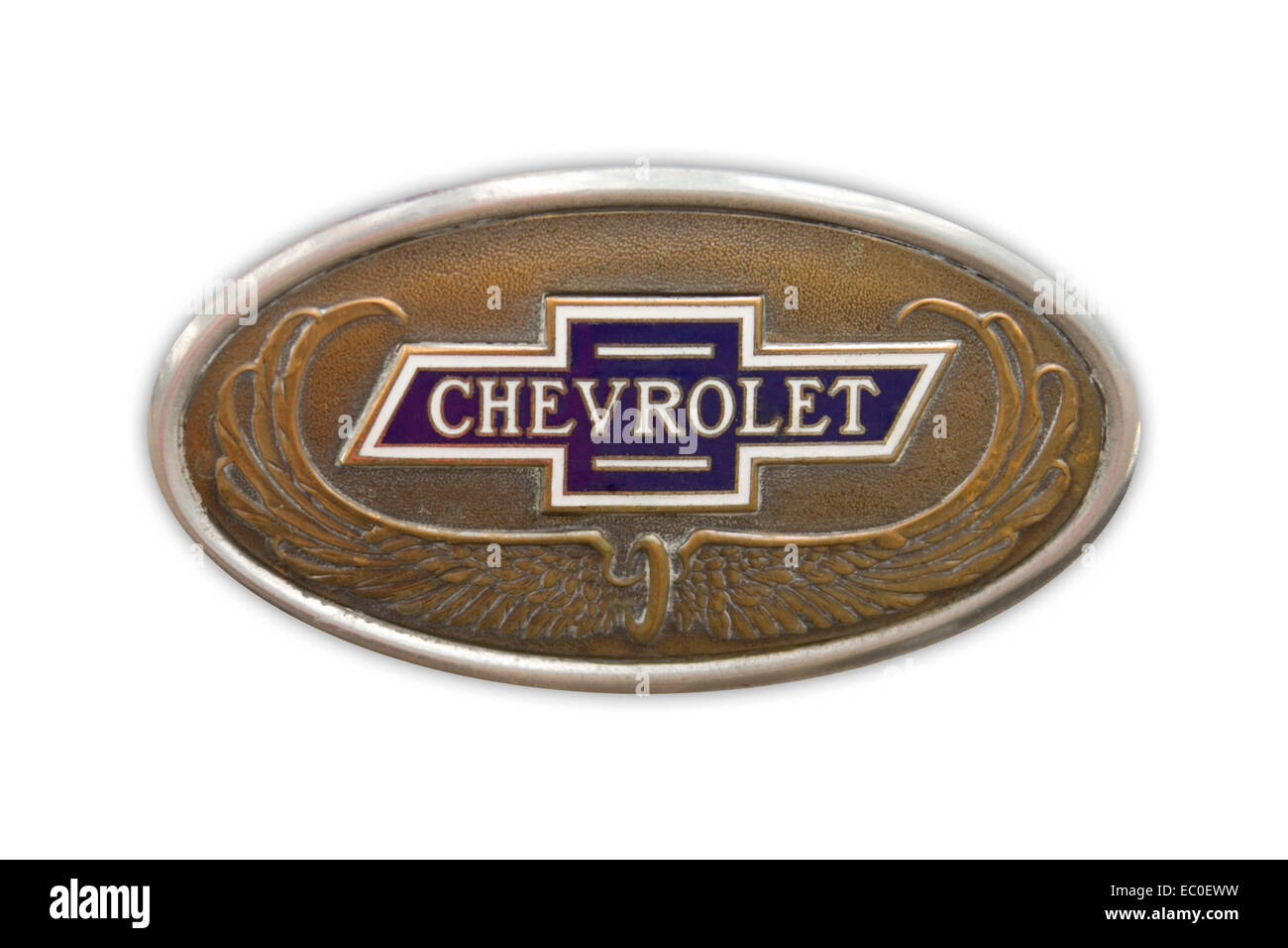 Chevrolet Auto Emblem, elliptische Abzeichen mit Messing-Flügel, Name des  legendären Hersteller & Silber Rand auf weißem Hintergrund Stockfotografie  - Alamy