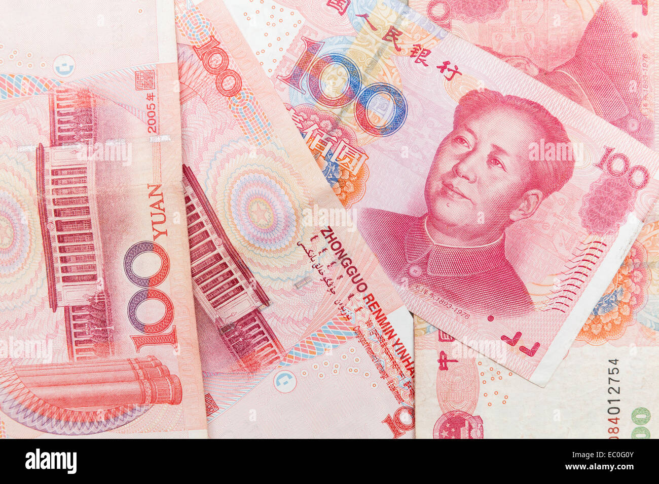 Chinesische Yuan Renminbi Banknoten, Nahaufnahme Fotohintergrund Stockfoto