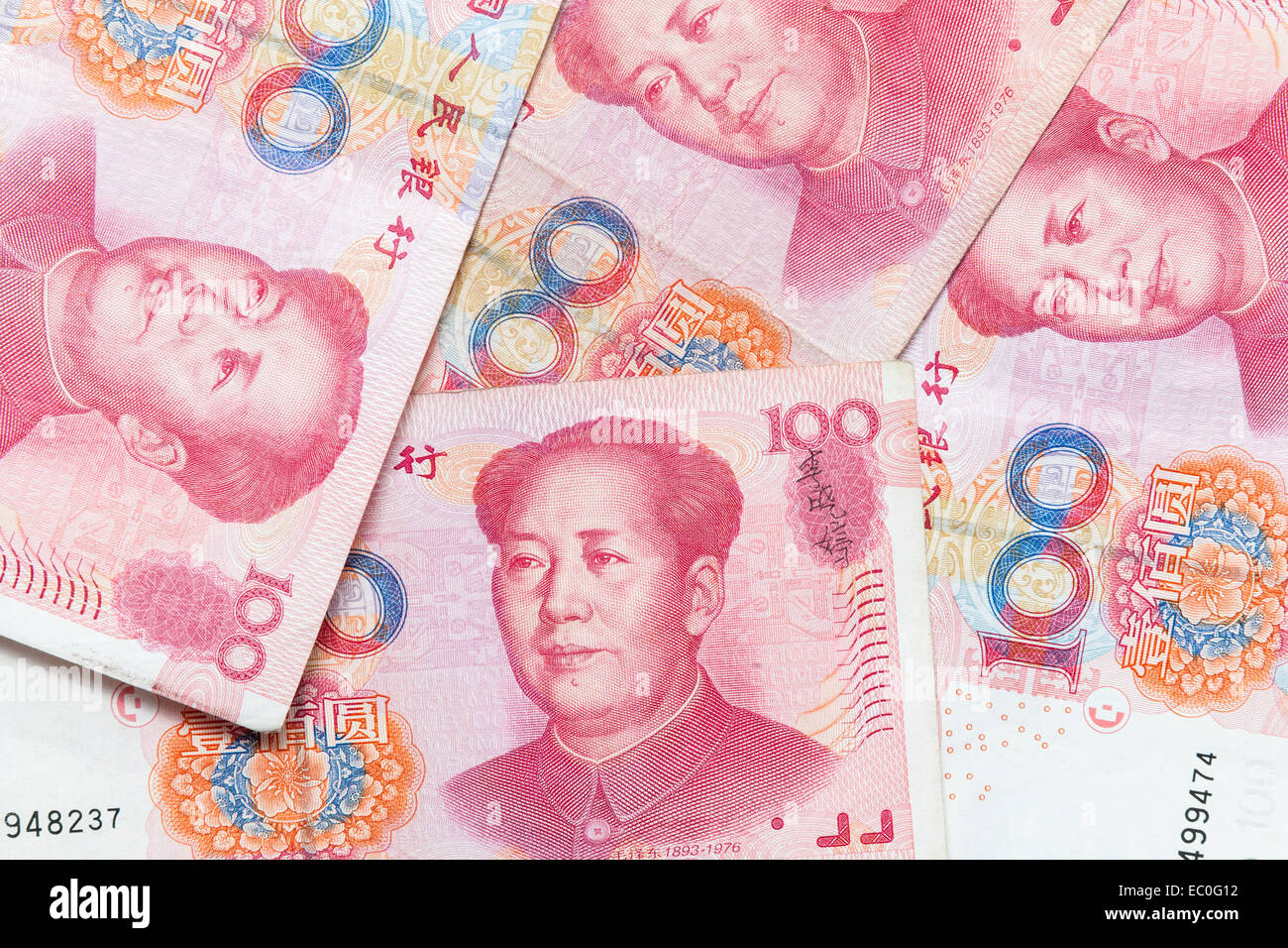Moderne chinesische Yuan Renminbi Banknoten, Nahaufnahme Fotohintergrund Stockfoto