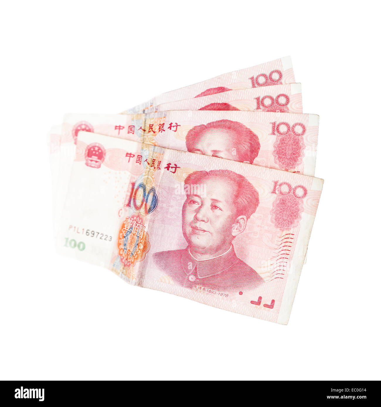 Moderne chinesische Yuan Renminbi Banknoten isoliert auf weiss Stockfoto