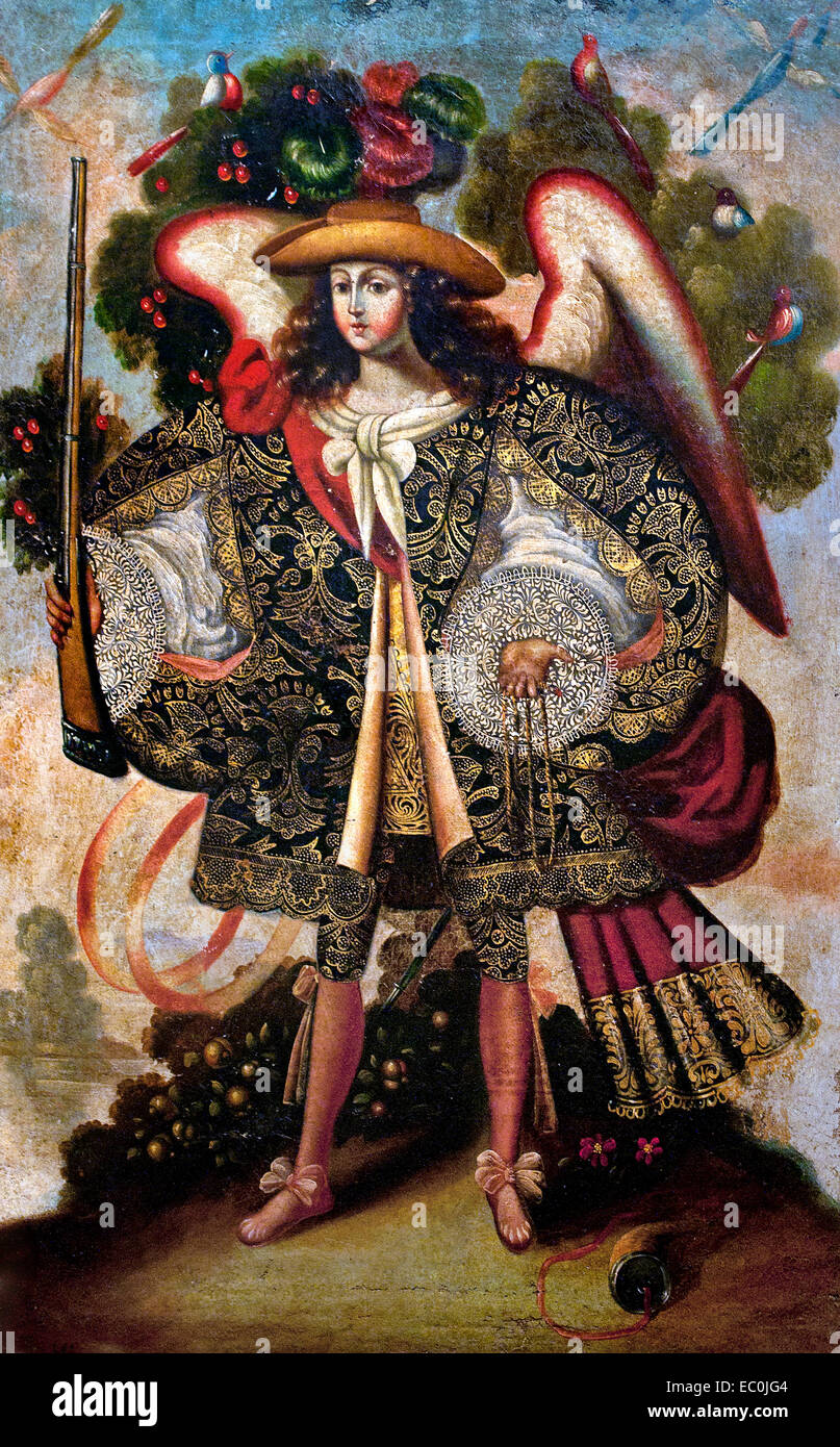 Copias Escuela Cuzqueña - kopiert Cuzco Schule - Cuzco Schule 18. Jahrhundert Spanien Spanisch (eine Ángel Arcabucero (arquebusier Angel) ist ein Engel mit einer Arkebuse dargestellt (eine frühe Schnauze geladen Waffe) anstelle der traditionellen Kampfkunst Engel Schwert gekleidet in der Kleidung von jenem der spanischen Aristokraten. Der Stil entstand im Vizekönigreich Peru in der zweiten Hälfte des 17. Jahrhunderts und herrschte vor allem in der Schule von Cuzco. ) Stockfoto