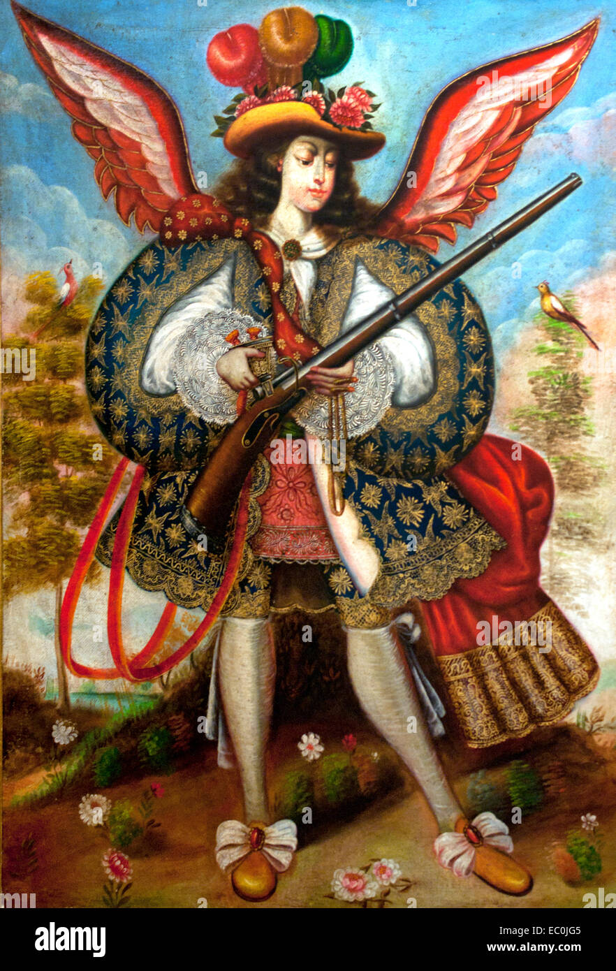 Copias Escuela Cuzqueña - kopiert Cuzco Schule - Cuzco Schule 18. Jahrhundert Spanien Spanisch (eine Ángel Arcabucero (arquebusier Angel) ist ein Engel mit einer Arkebuse (eine frühe Mündung-geladene Waffe) dargestellt statt das Schwert traditionell für kriegerische Engel, gekleidet in der Kleidung von jenem der spanischen Aristokraten. Der Stil entstand im Vizekönigreich Peru in der zweiten Hälfte des 17. Jahrhunderts und herrschte vor allem in der Schule von Cuzco. ) Stockfoto