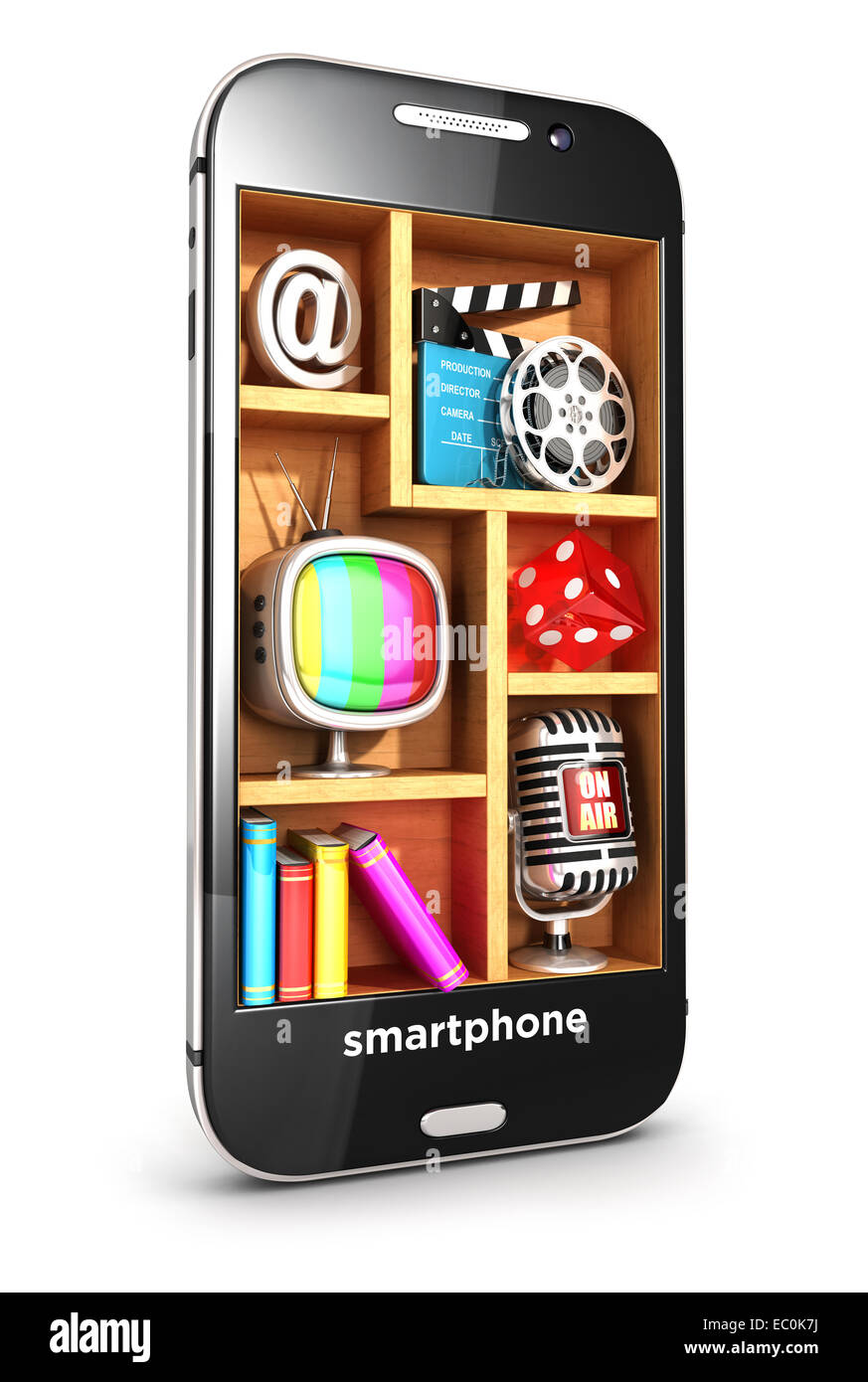3d Bild, 3D Smartphone Multimedia-Konzept, isolierten weißen Hintergrund Stockfoto